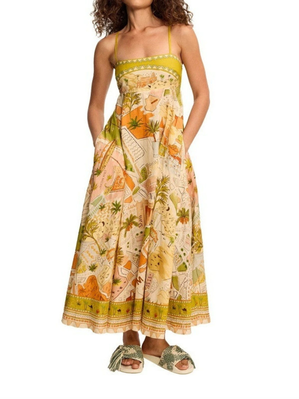 ZARA Sexy Spaghetti Strap Graffiti Print Cotton Linen Flared Dress Women